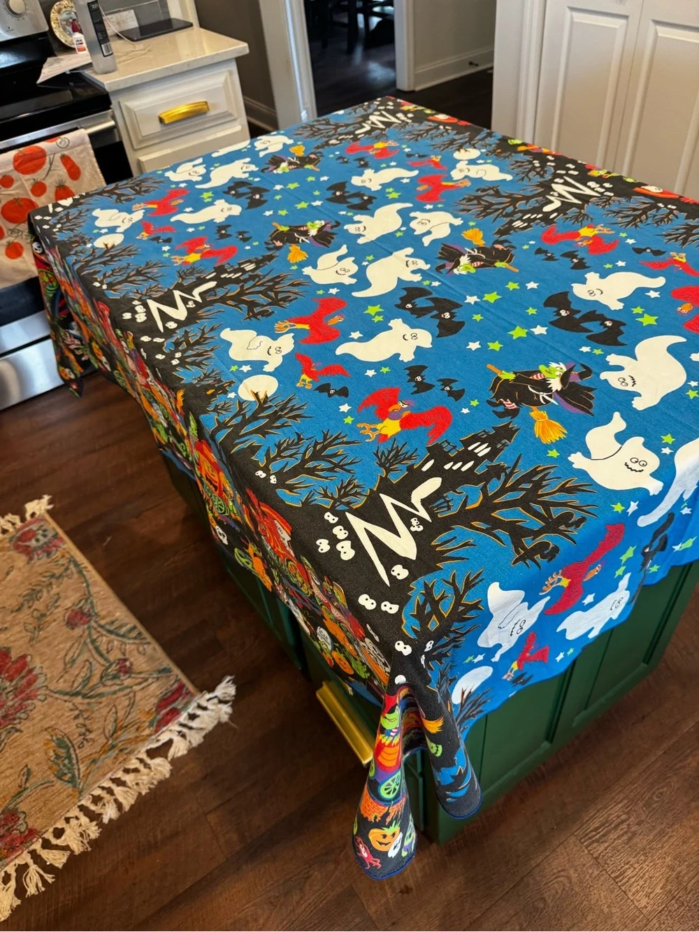 Vintage Halloween Tablecloth 56x77 Witches Ghosts Pumpkins Haunted House